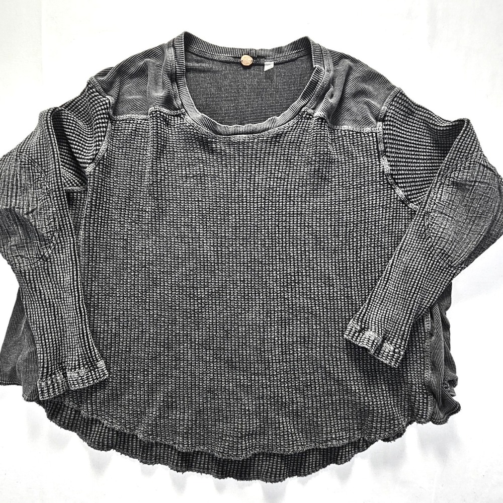 Free People FP One Thermal Waffle Knit Top Gray XS Oversized Ribbed Mixed Media